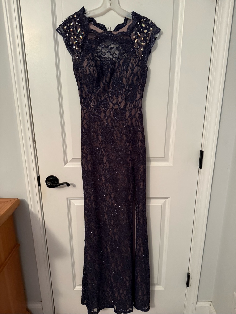 City Triangles Navy Lace Beaded Maxi Dress